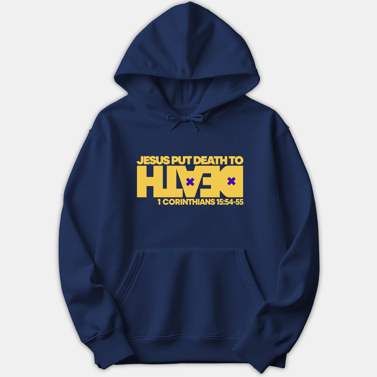 A navy blue hoodie featuring a bold yellow graphic that reads 'JESUS PUT DEATH TO DEATH' along with the scripture reference '1 CORINTHIANS 15:54-55'.