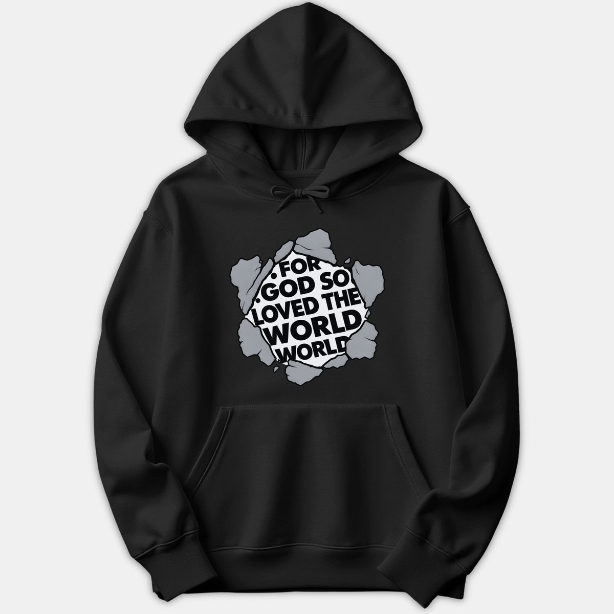 A black Christian hoodie featuring a torn-hole graphic design on the chest displaying the words For God So Loved The World in bold text.