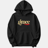 A black hoodie featuring a stylish retro design that reads grace in beige typography with red accent lines underneath.