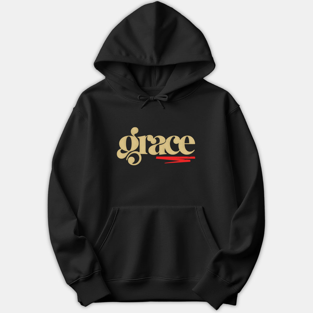 A black hoodie featuring a stylish retro design that reads grace in beige typography with red accent lines underneath.