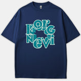 A navy blue t-shirt featuring the word FORGIVEN displayed in a bold, retro circular typography graphic with blue-green letters and white outlines.