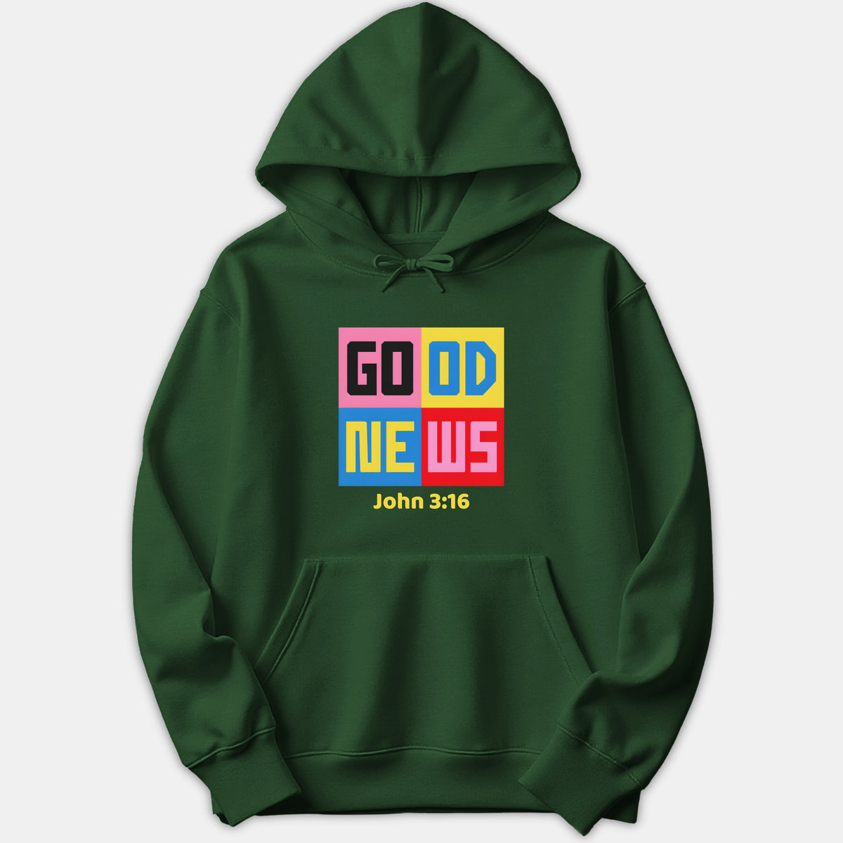 A dark green Christian hoodie featuring a colorful four-quadrant graphic reading GOOD NEWS with John 3:16 printed underneath.