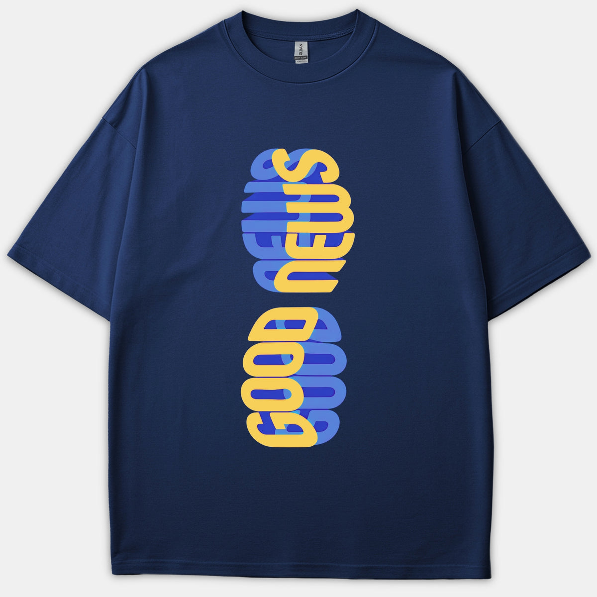 A navy blue t-shirt featuring a stylized vertical graphic that reads 'GOOD NEWS' in bold yellow and blue layered lettering.