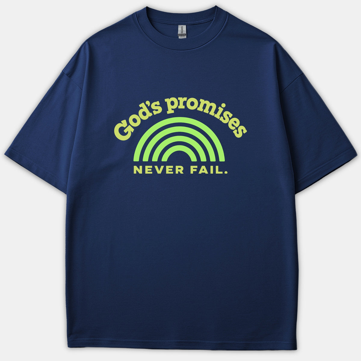 A navy blue t-shirt featuring a light green rainbow arch graphic surrounded by the text 'God's promises NEVER FAIL' printed on the chest.