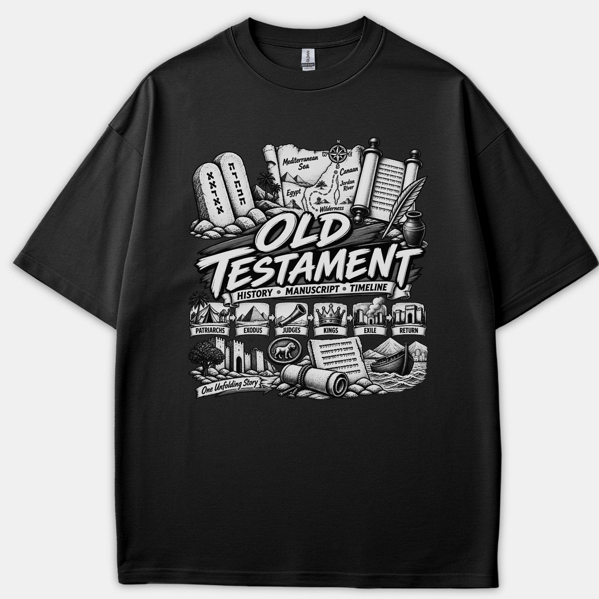 A black t-shirt featuring a detailed white and gray graphic illustration of the Old Testament timeline, including biblical stone tablets, scrolls, maps, and historical eras.