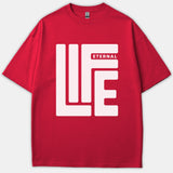 A red Christian t-shirt featuring a bold stylized white typographic graphic on the front that reads Eternal Life.