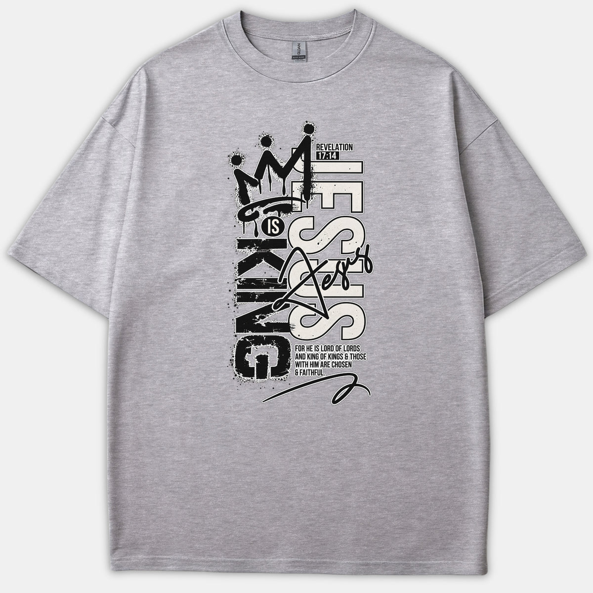 A gray Christian t-shirt featuring a graffiti-style graphic reading Jesus Is King with crown artwork and scripture from Revelation 17:14.