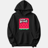 A black pullover hoodie featuring a vibrant watermelon slice graphic with black seeds, a green rind, and the words 'bear fruit' styled in bold white lettering.