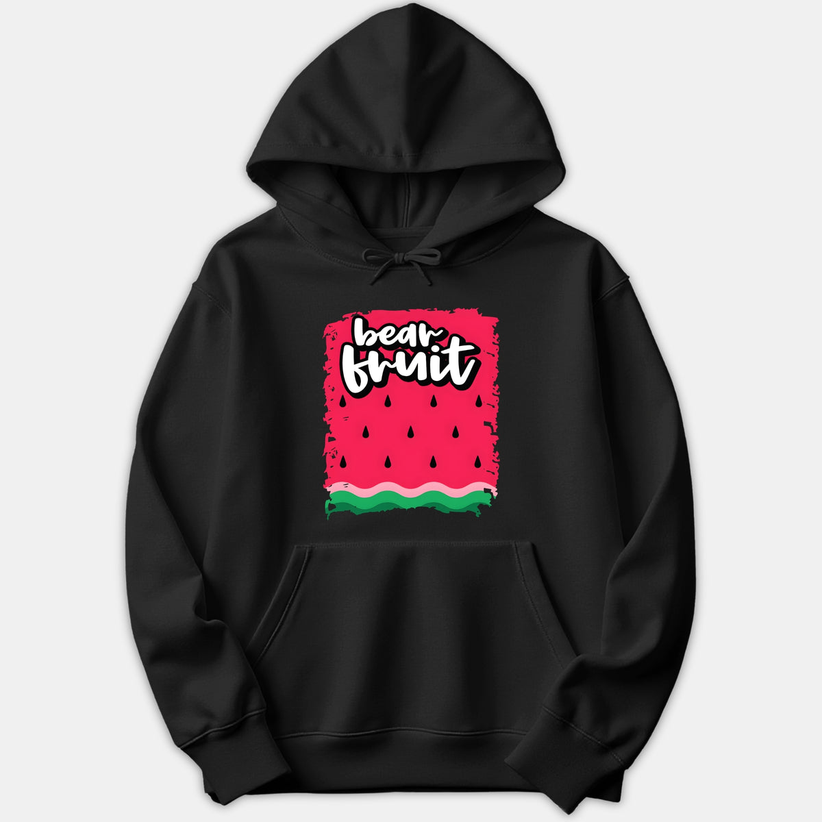 A black pullover hoodie featuring a vibrant watermelon slice graphic with black seeds, a green rind, and the words 'bear fruit' styled in bold white lettering.