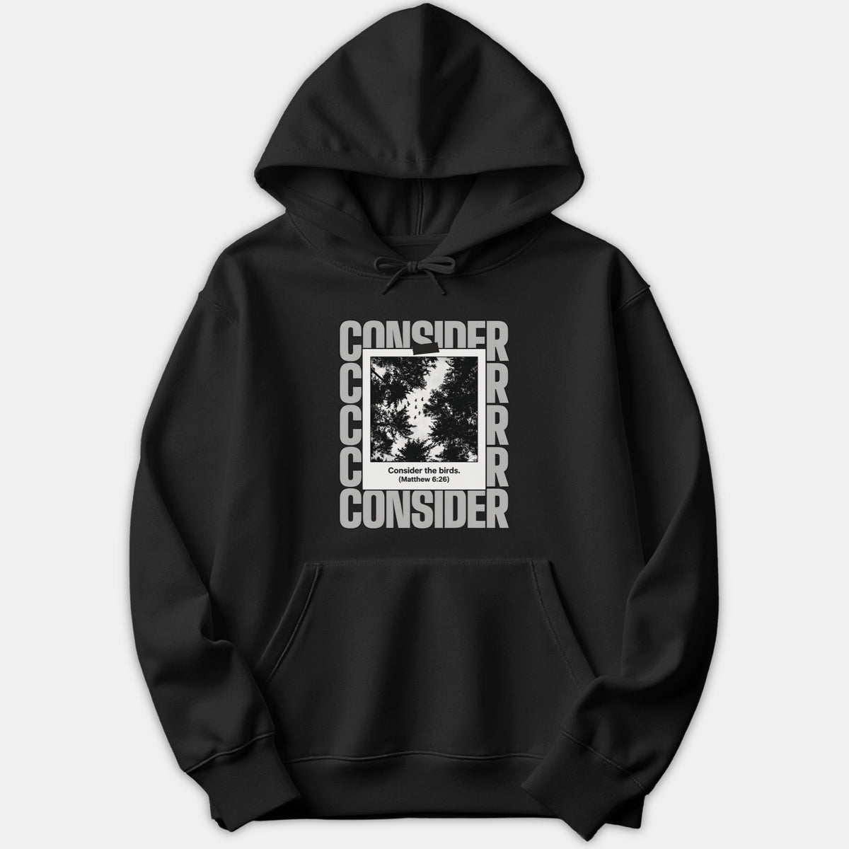 A black hoodie featuring a polaroid-style graphic of birds flying through treetops, surrounded by gray lettering with the text 'Consider the birds. (Matthew 6:26)'.