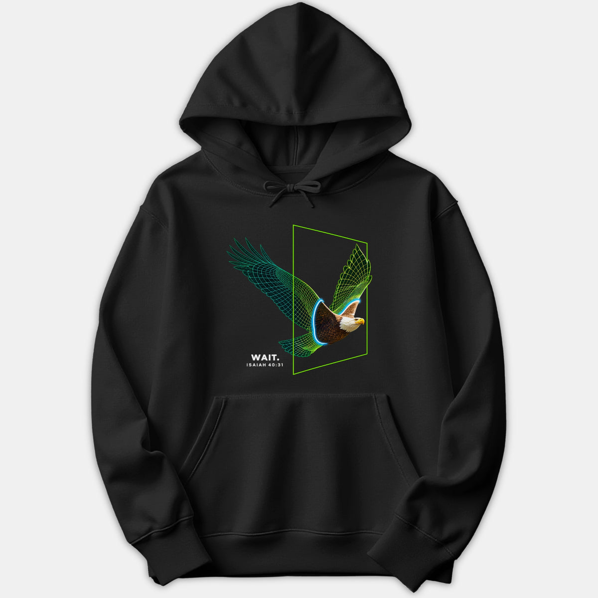A black Christian hoodie featuring a graphic of an eagle soaring through a neon green geometric frame with the text 'WAIT. ISAIAH 40:31'.