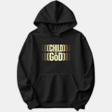 A black hoodie featuring a retro styled graphic on the chest that reads 'CHILD OF GOD' with a layered echo effect in beige and brown tones.
