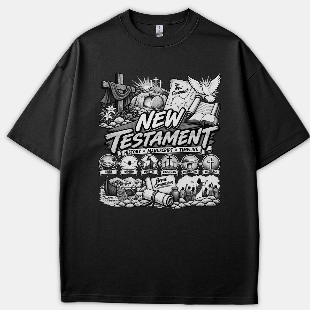 A black T-shirt featuring a detailed Christian graphic titled New Testament surrounded by biblical illustrations depicting Christ's life, crucifixion, and resurrection timeline.