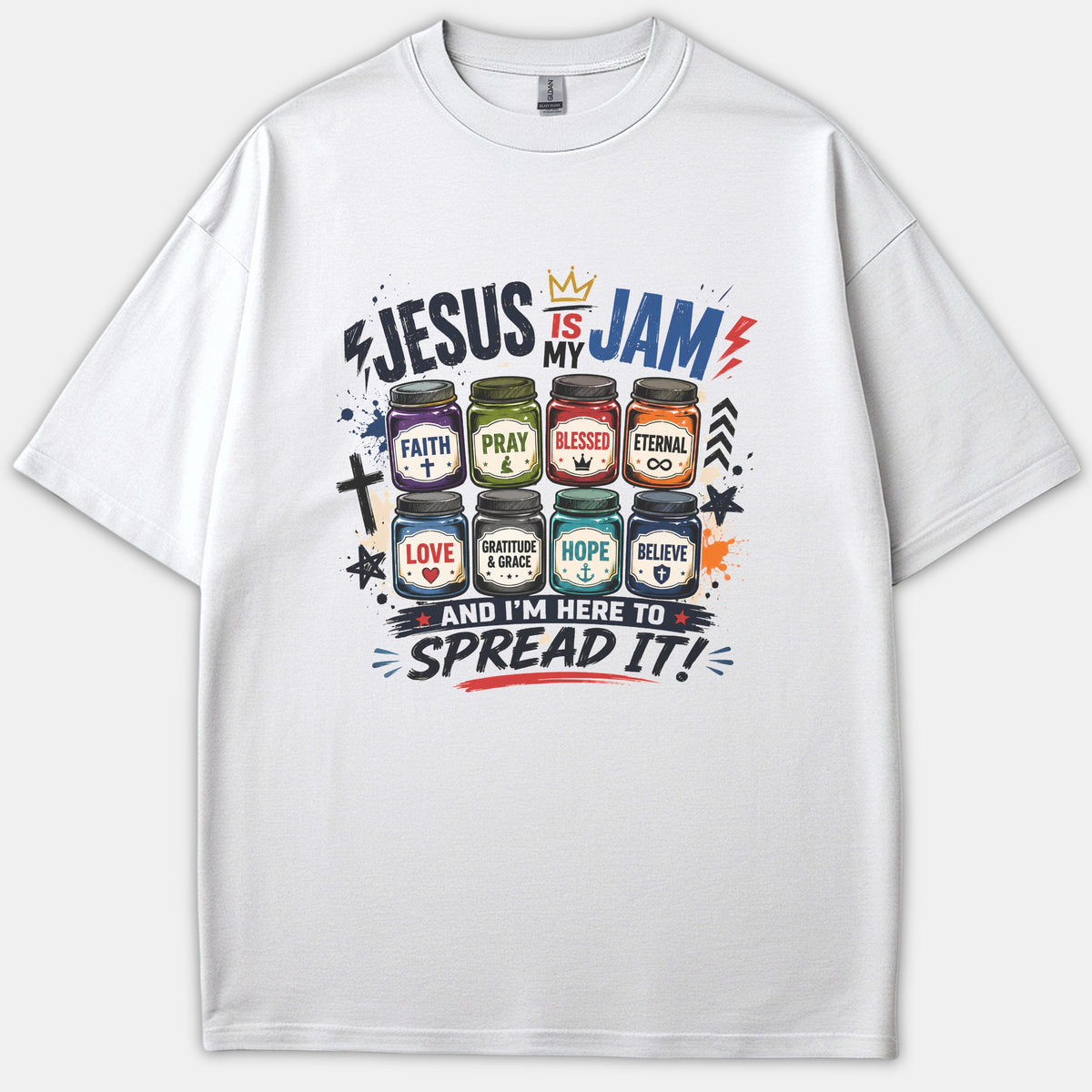 A white Christian T-shirt featuring eight colorful jam jars with faith labels under the graphic text Jesus is my Jam and I'm here to spread it.