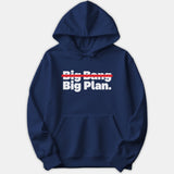 A navy blue hoodie featuring a graphic print with the text Big Bang crossed out with a red line and Big Plan written below in white text.