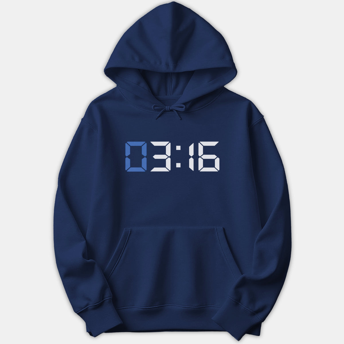 A navy blue pullover hoodie featuring a digital clock display reading 03:16 printed across the chest in white and light blue.