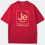 A red Christian graphic T-shirt featuring a periodic table element box for Jesus with the phrase 'the jesus element perfect chemistry'.