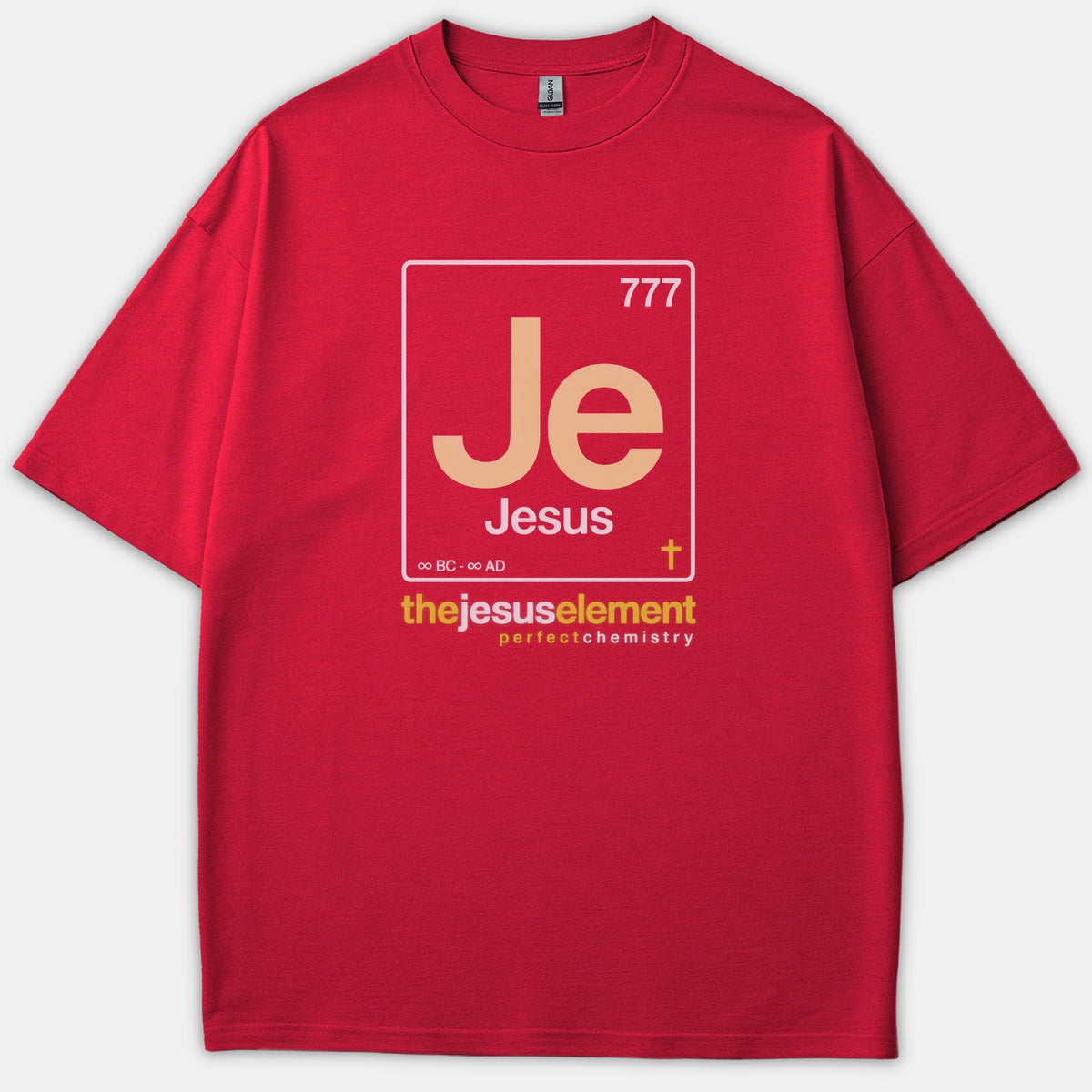 A red Christian graphic T-shirt featuring a periodic table element box for Jesus with the phrase 'the jesus element perfect chemistry'.
