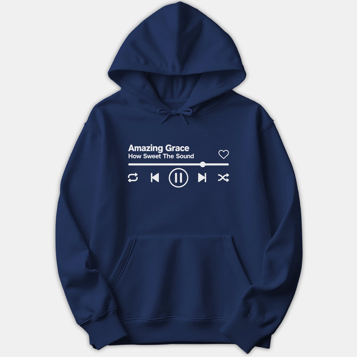 A navy blue pullover hoodie featuring a white music player style graphic printed on the chest with the text Amazing Grace How Sweet The Sound.
