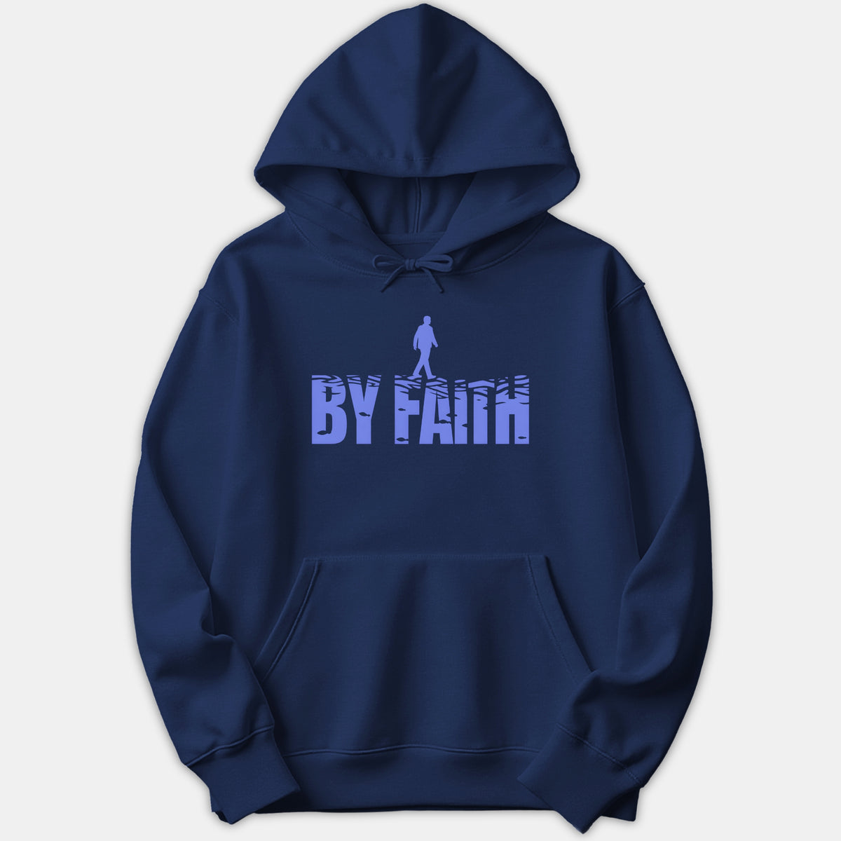A navy blue hoodie featuring a light blue graphic that reads BY FAITH with a silhouetted figure walking across the top of the letters.