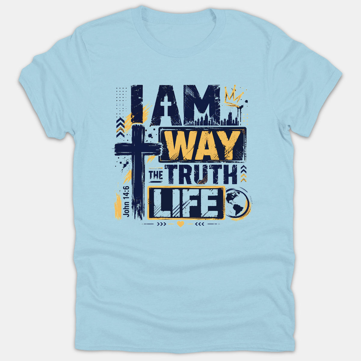 A light blue T-shirt featuring a Christian graphic design that reads 'I Am The Way The Truth The Life' with a cross graphic and yellow accents.