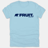A light blue Christian t-shirt featuring a navy blue bear silhouette beside the word FRUIT and the Bible reference John 15:5.