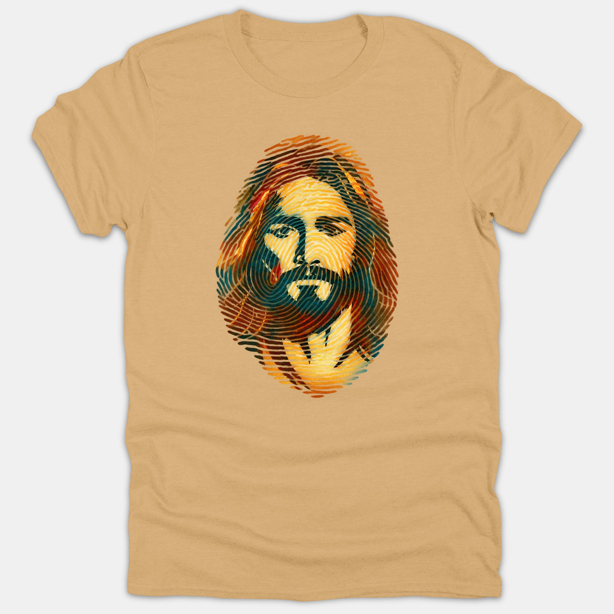 A beige T-shirt featuring a unique graphic of Jesus Christ stylized within a colorful fingerprint pattern using shades of orange, yellow, and blue.