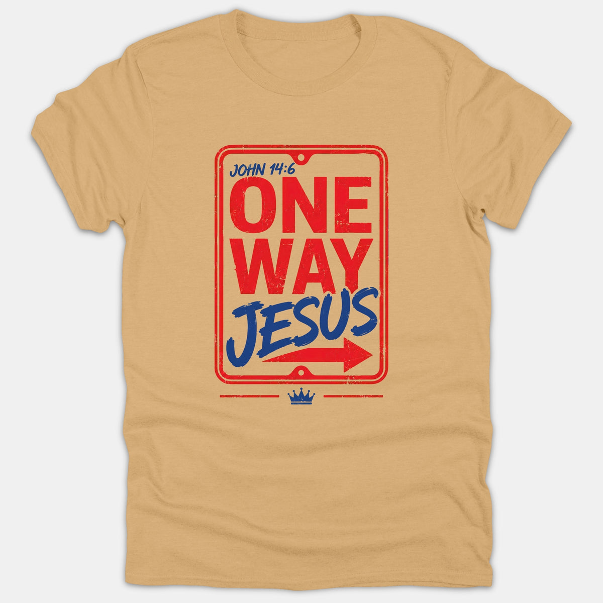 A beige Christian t-shirt featuring a red and blue street sign design that reads John 14:6 One Way Jesus with a right-pointing arrow.