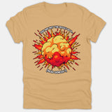 A beige Christian t-shirt featuring a colorful comic-style explosion graphic with arched text reading You are not the result of a... above and Read Genesis 1 below.