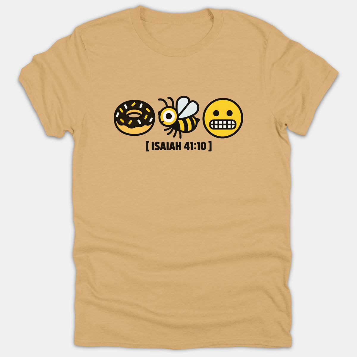 A beige Christian T-shirt featuring a fun rebus puzzle with a donut, a bee, and an anxious face spelling out 'Don't Be Afraid' above the scripture reference Isaiah 41:10.
