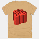 A beige Christian t-shirt featuring a bold 3D isometric typography design spelling out the word FORGIVEN in red and dark brown tones.
