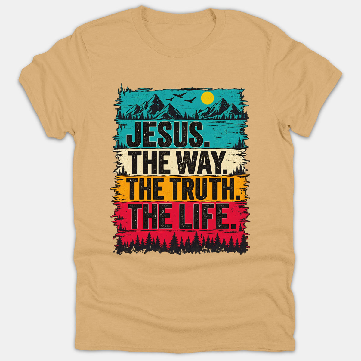 A beige Christian t-shirt featuring a retro mountain landscape graphic with colorful stripes and the text 'JESUS. THE WAY. THE TRUTH. THE LIFE.'