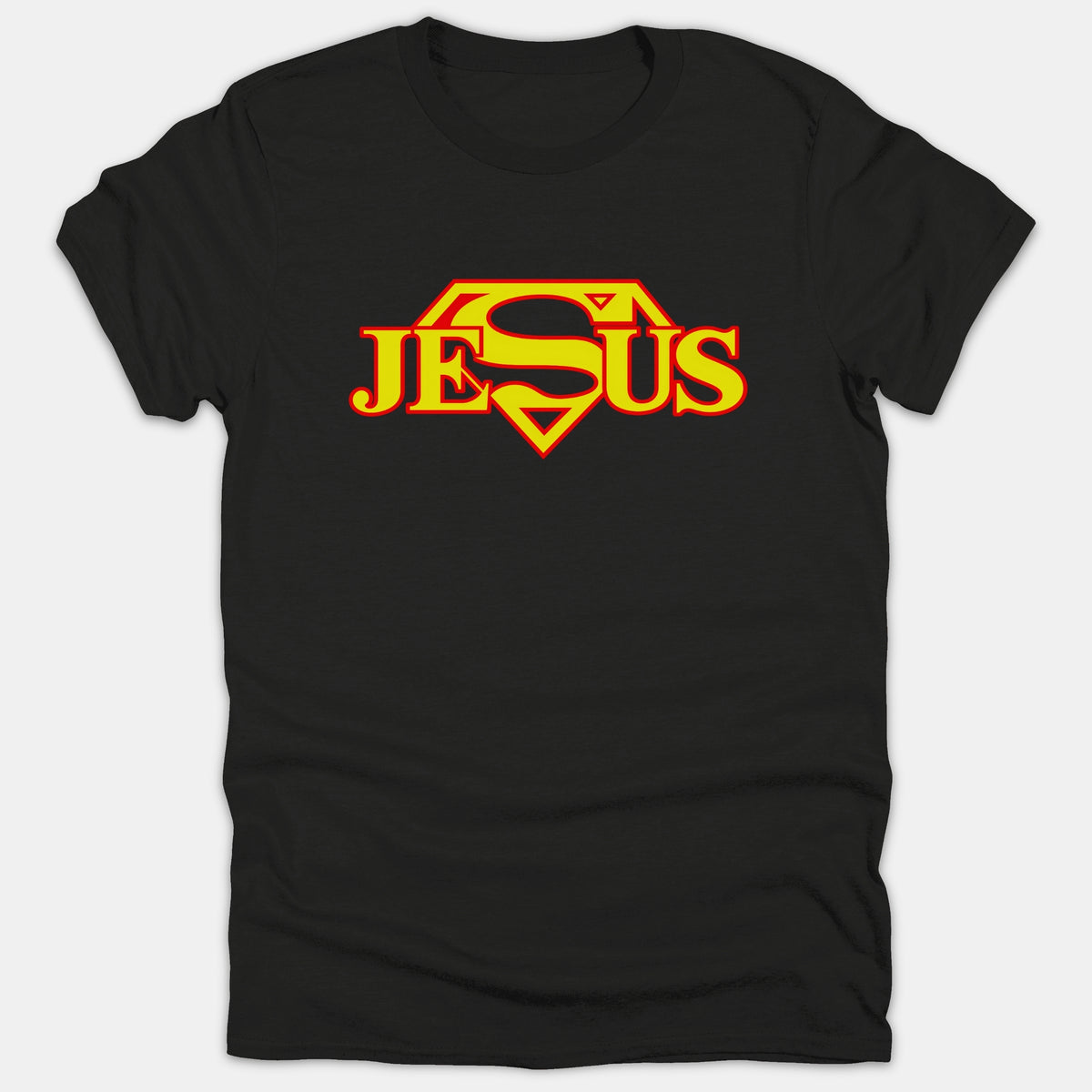A black t-shirt featuring the word JESUS rendered in yellow and red inside a superhero diamond emblem across the chest.