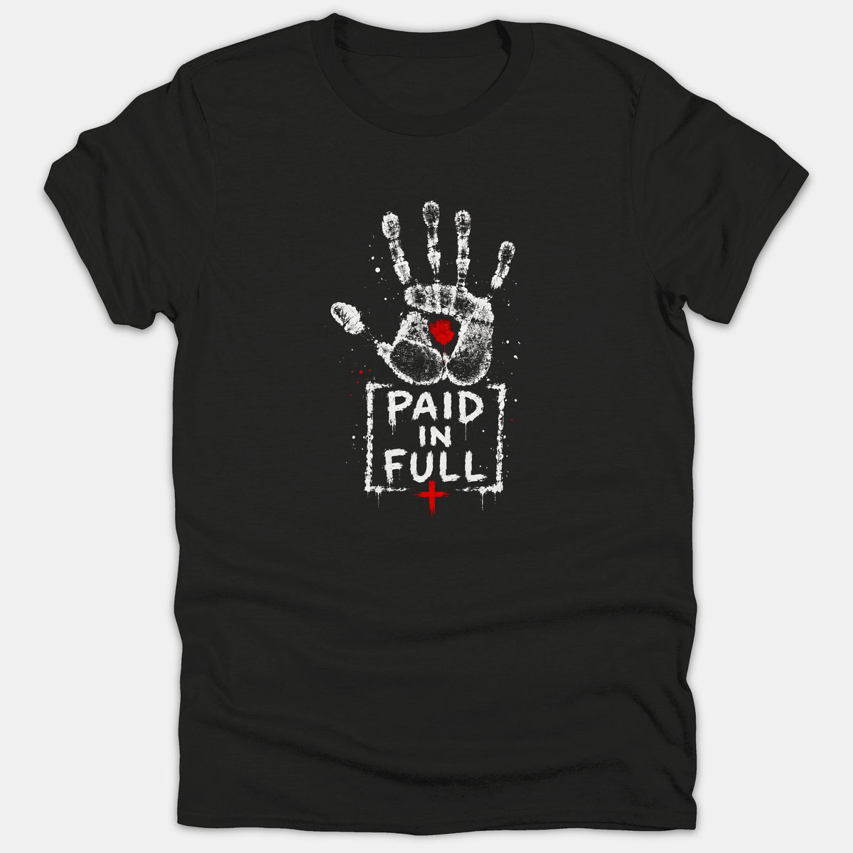 A black t-shirt featuring a white handprint graphic with a red mark in the palm above the text 'PAID IN FULL' and a small red cross.