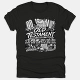 A black Christian T-shirt featuring a detailed graphic of Old Testament history, complete with stone tablets, ancient scrolls, map illustrations, and a timeline of biblical eras.