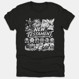 A black t-shirt featuring a detailed monochromatic graphic illustration of the New Testament timeline with a cross, dove, empty tomb, and key biblical events.
