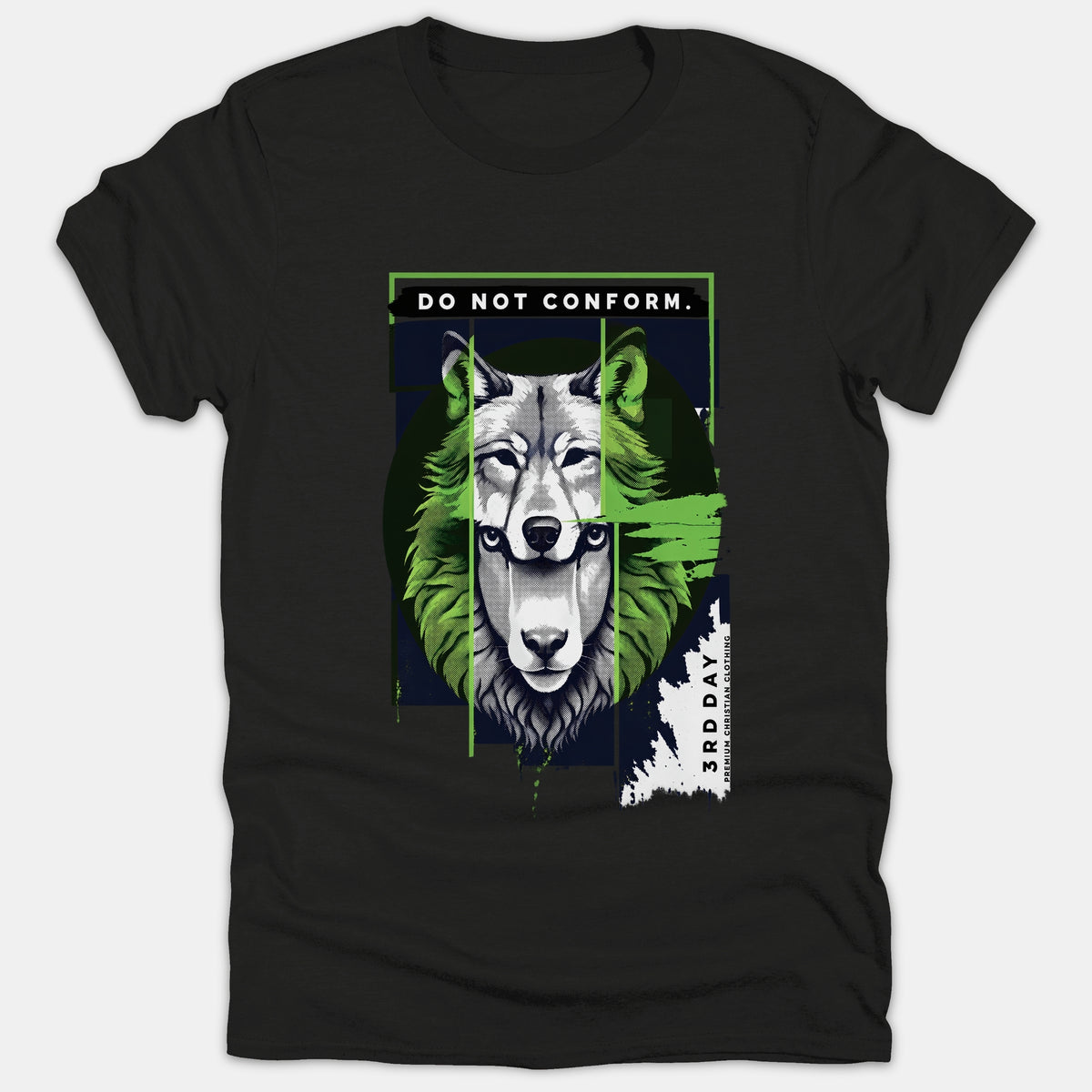 Black Christian t-shirt featuring a detailed graphic of a wolf face with vibrant green accents and the bold printed text DO NOT CONFORM.