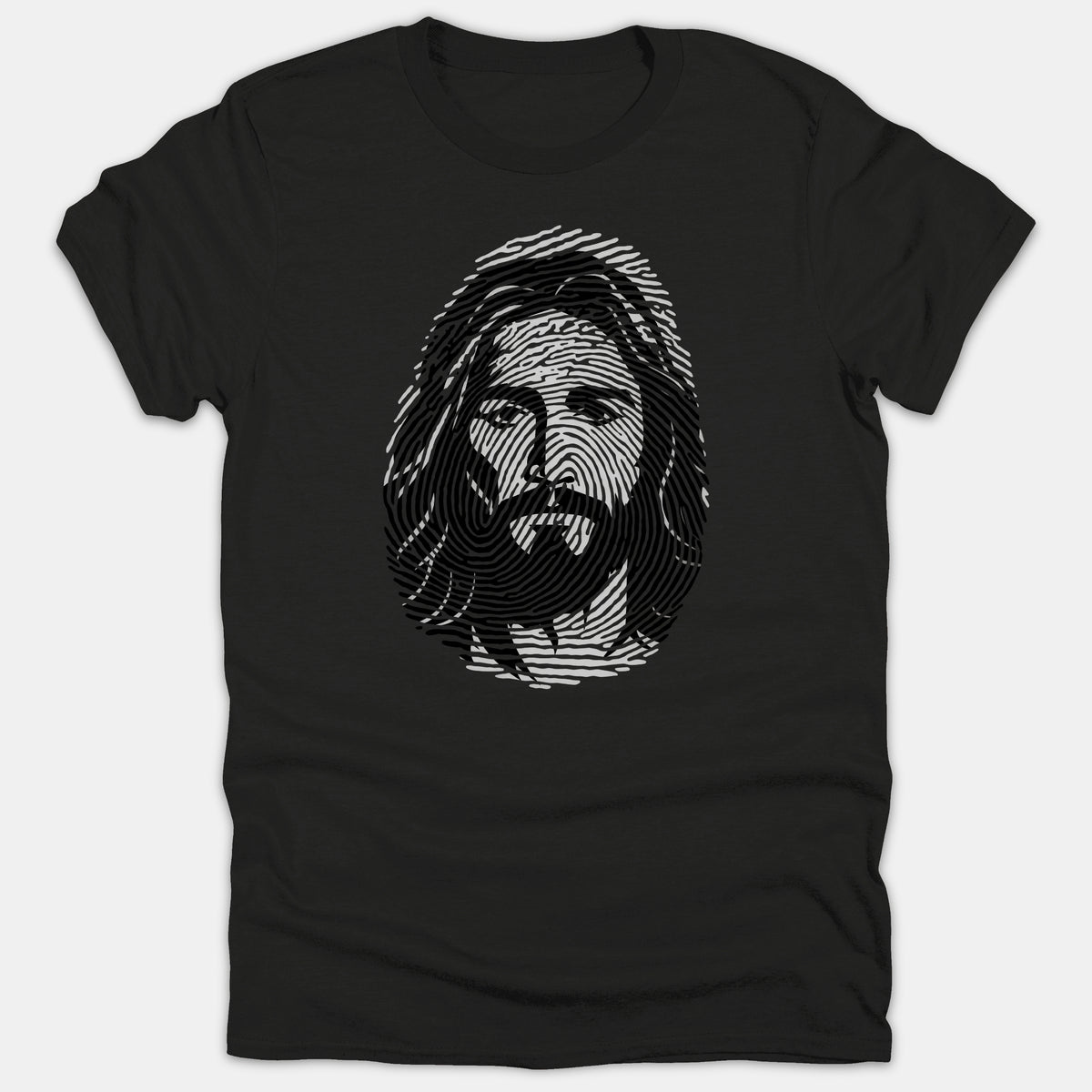 A black t-shirt featuring a detailed artistic portrait of Jesus Christ designed within a fingerprint pattern.