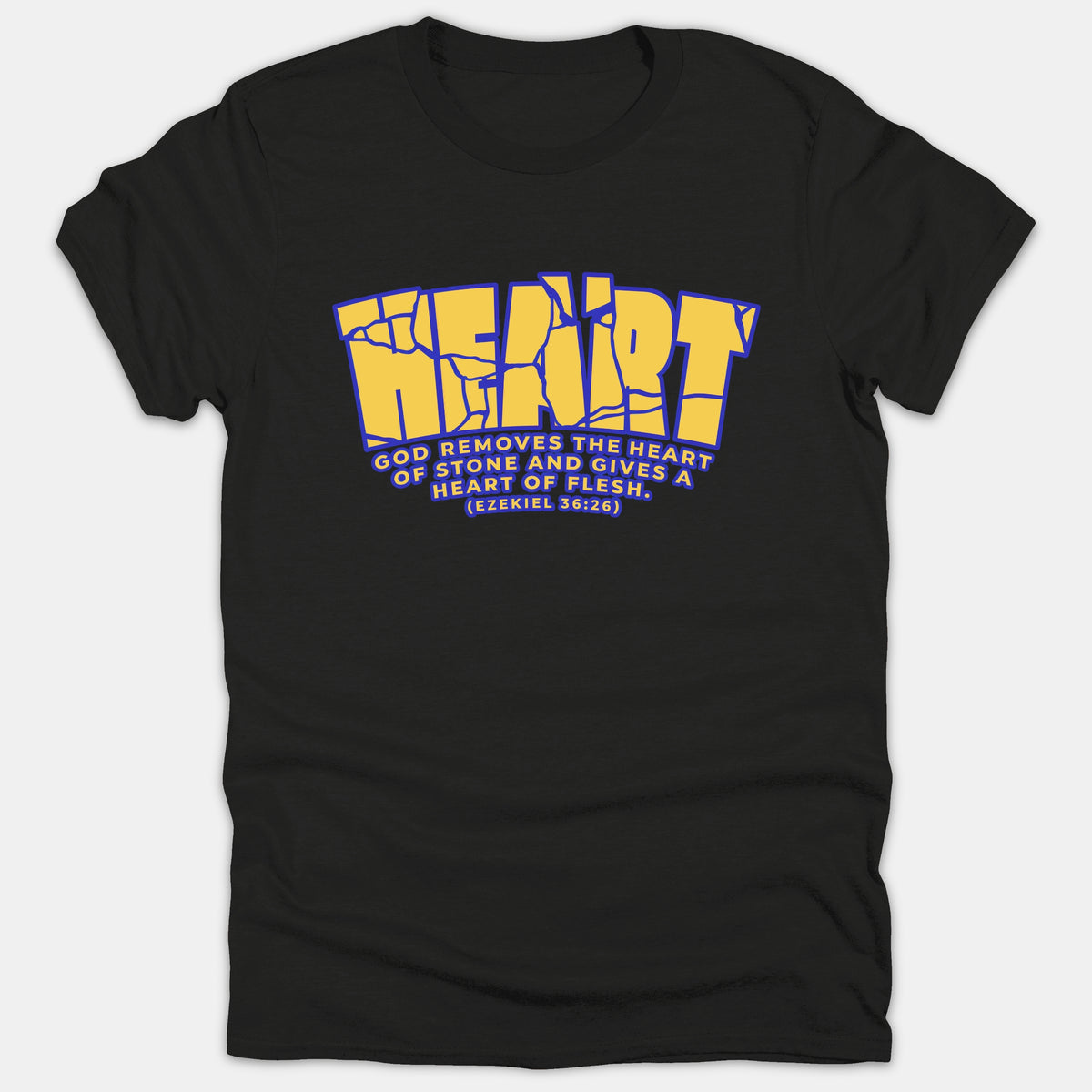A black Christian t-shirt featuring a cracked yellow and blue graphic reading HEART alongside the scripture Ezekiel 36:26.