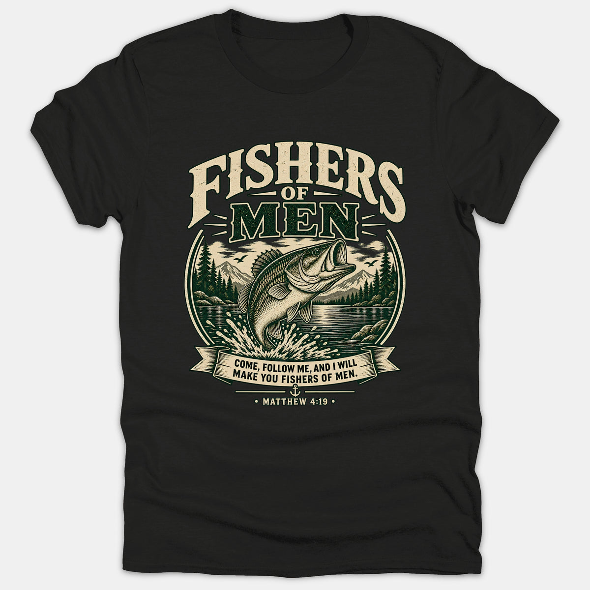 A black T-shirt featuring a vintage graphic of a bass jumping out of water surrounded by mountains, titled Fishers of Men with Matthew 4:19.