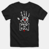 A black short-sleeve crewneck t-shirt featuring a distressed white handprint graphic with a red heart in the center and the text 'PAID IN FULL' in white, with a small red cross below.