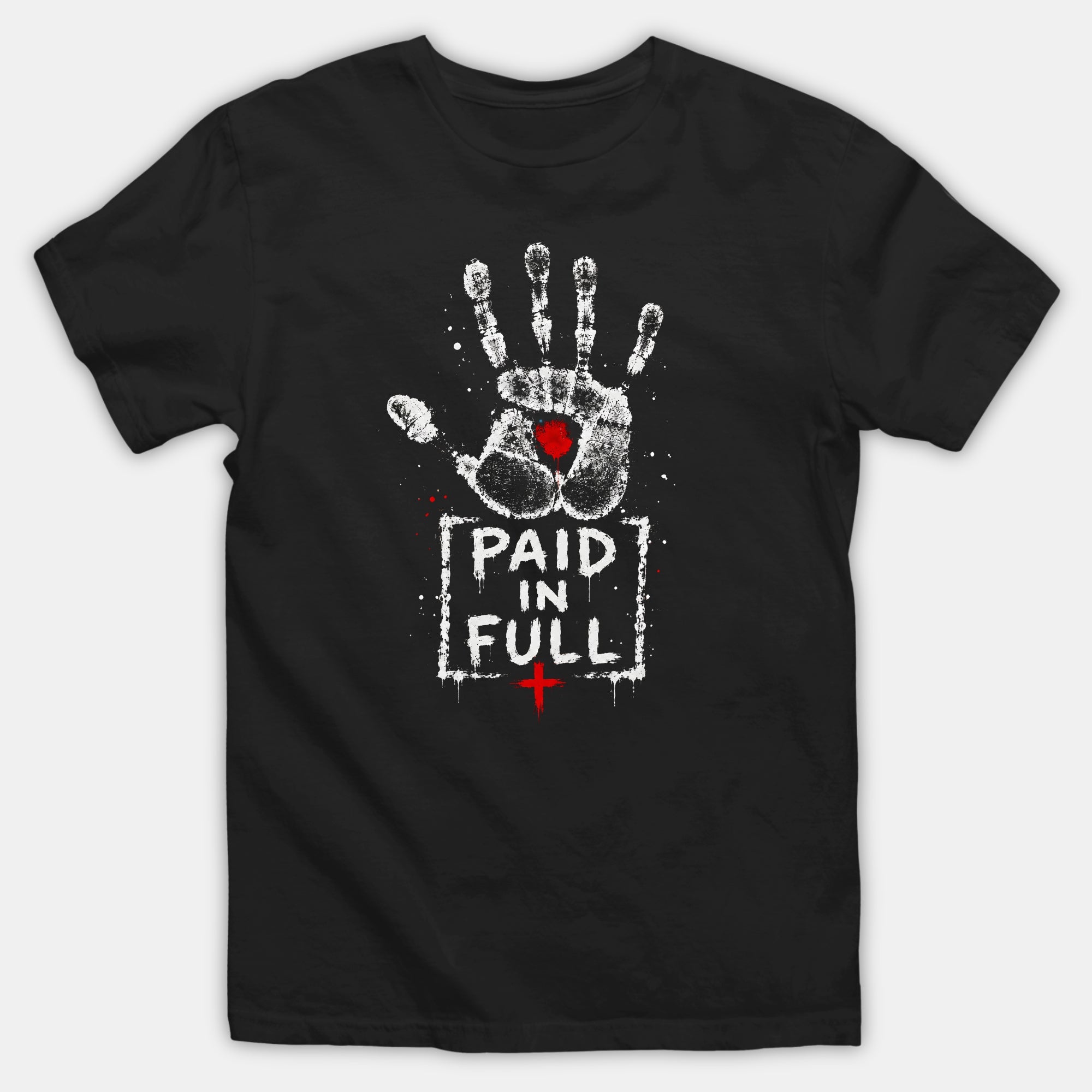 A black short-sleeve crewneck t-shirt featuring a distressed white handprint graphic with a red heart in the center and the text 'PAID IN FULL' in white, with a small red cross below.
