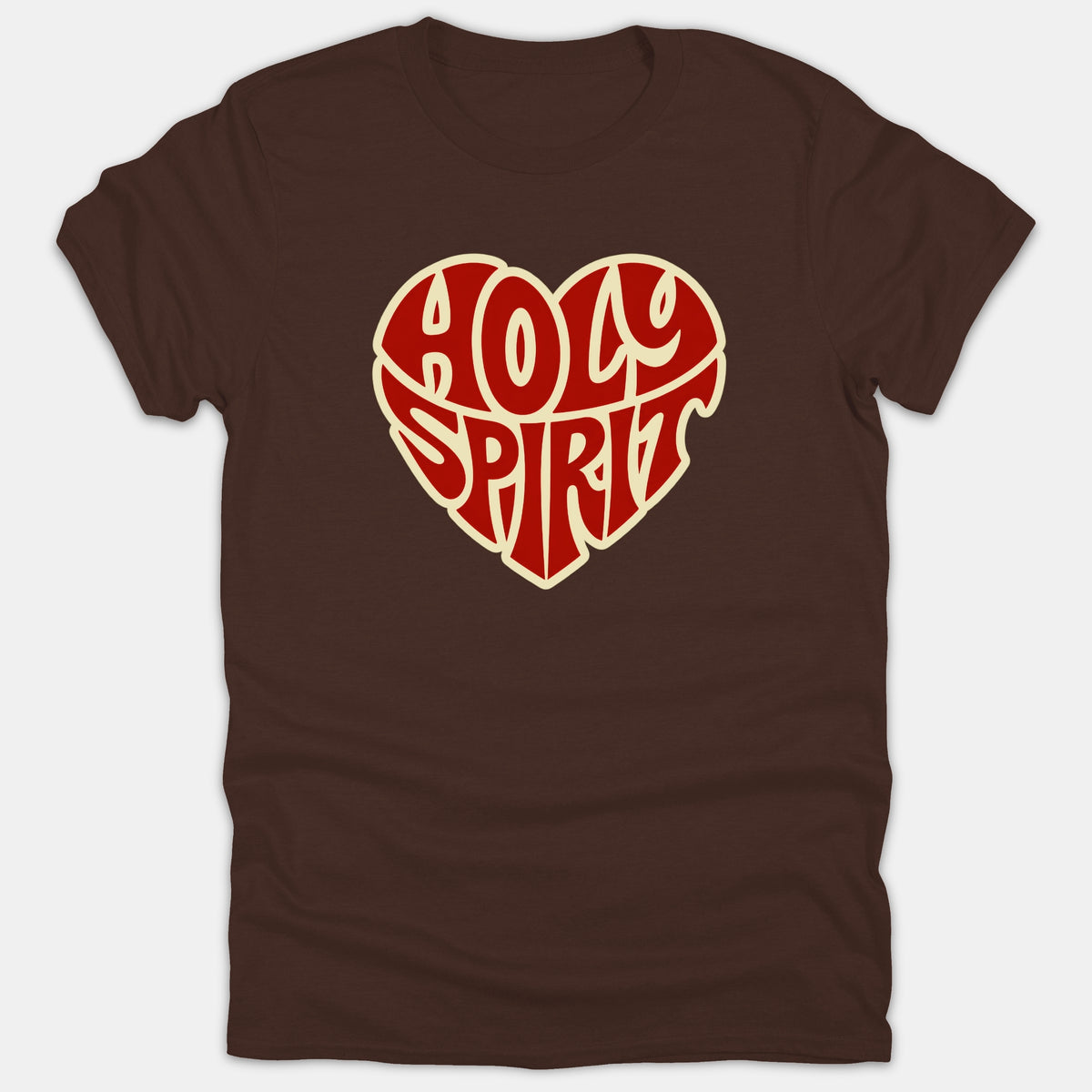 A brown t-shirt featuring a heart-shaped graphic with the words HOLY SPIRIT styled in retro red typography.