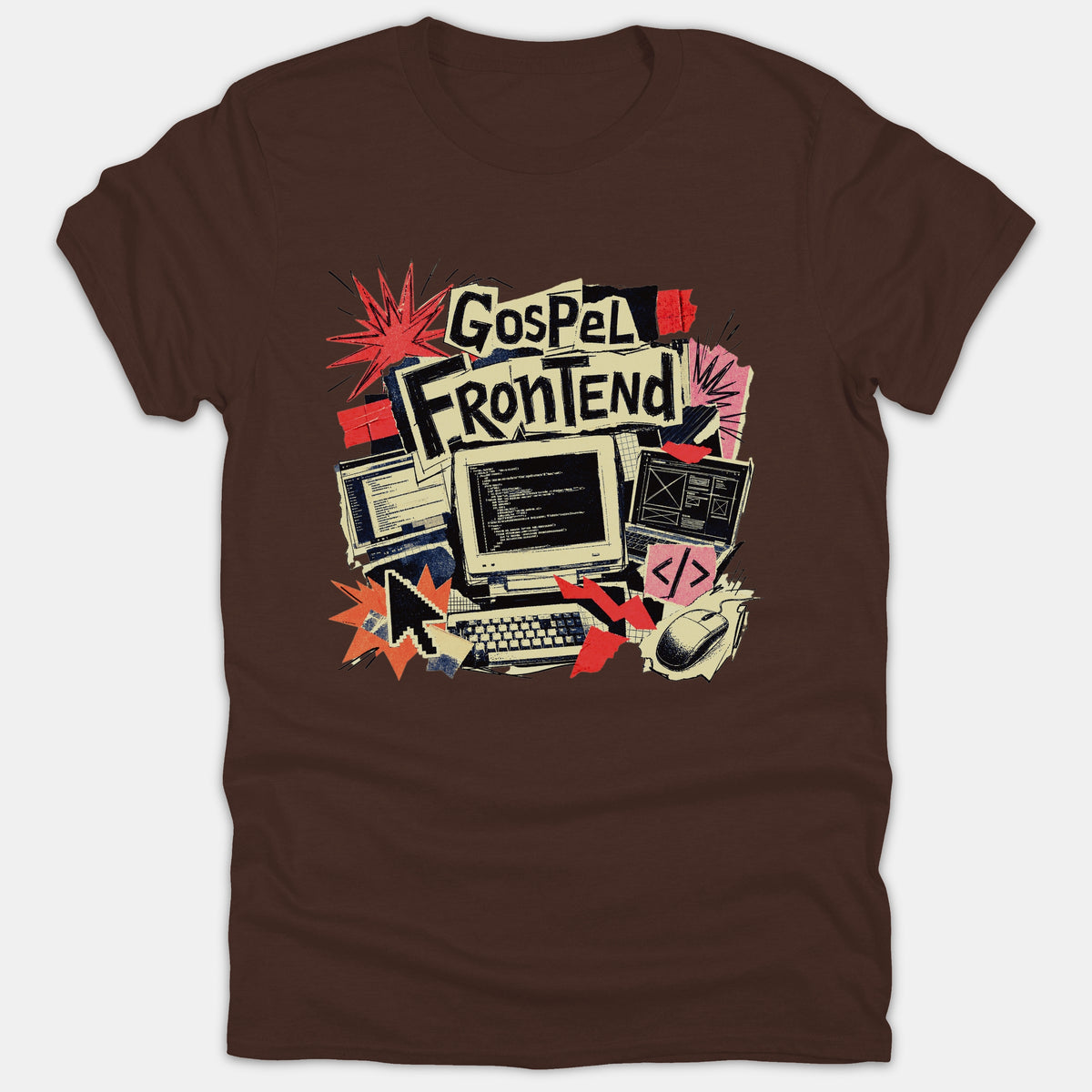 A brown Christian t-shirt featuring a retro collage illustration with the text 'GOSPEL FRONTEND' above vintage computer monitors, code editor screens, and tech graphics.