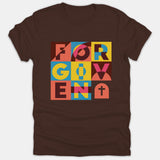 A brown t-shirt featuring a colorful geometric square graphic that spells out FORGIVEN with a cross symbol in modern typography.