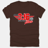 A brown Christian t-shirt featuring a vintage aviation-inspired logo with the text John 3:16 The Numbers of Hope in bold red and white.