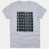 A light gray t-shirt featuring black typography reading 'Jesus Died For My Crimes' above wavy distorted repetitions of 'FORGIVEN' and the phrase 'I'm Rewarded For His Innocence'.
