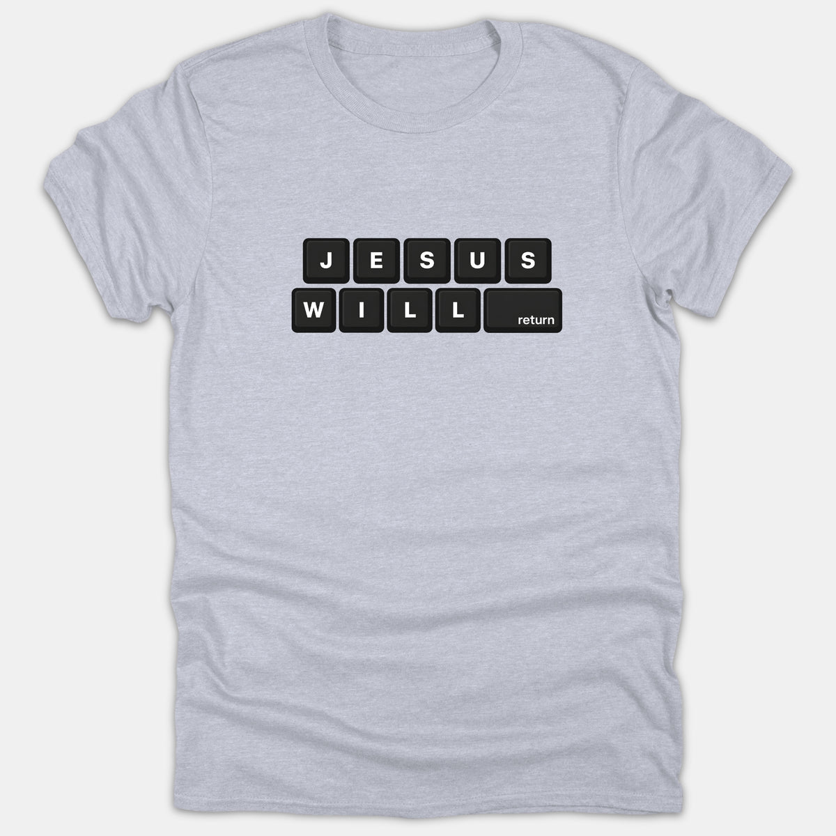 A light gray T-shirt featuring a black computer keyboard key graphic spelling out the phrase JESUS WILL return.
