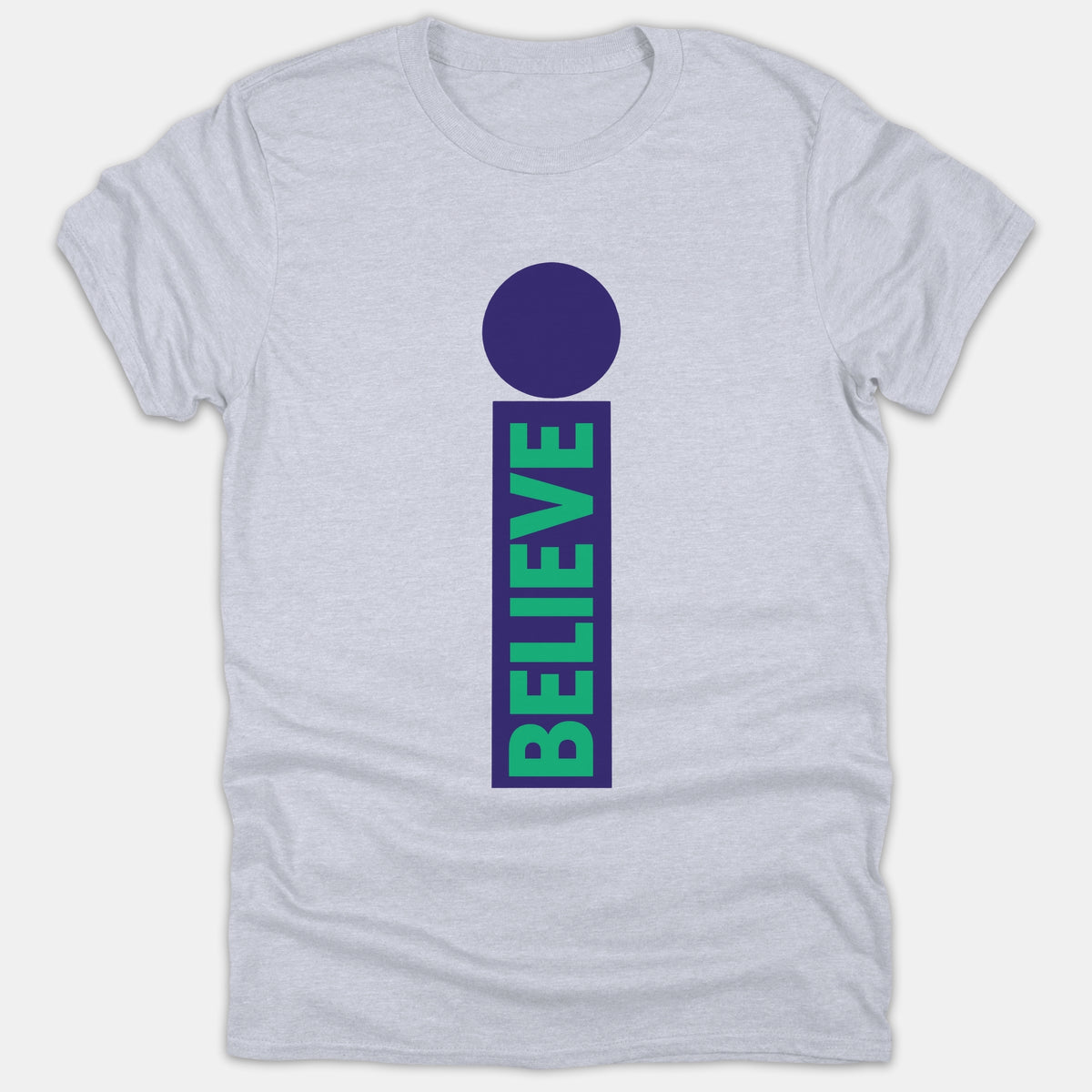A light gray t-shirt featuring a graphic shaped like the letter I with a purple dot and a vertical rectangle containing the word BELIEVE in green.