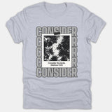 A light gray Christian t-shirt featuring a polaroid photo of birds flying above trees with the Bible verse caption Consider the birds (Matthew 6:26).